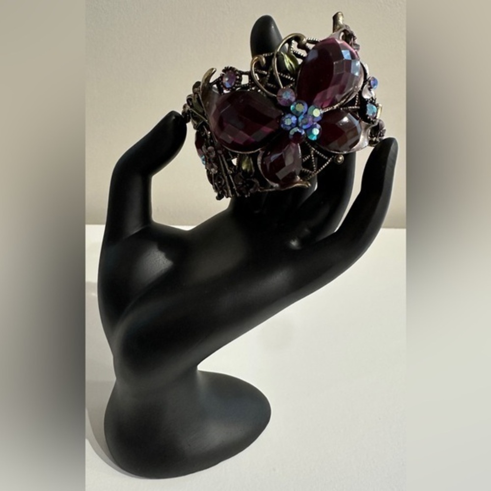 Vintage Floral Cuff Bracelet with Purple Gemstone Accents